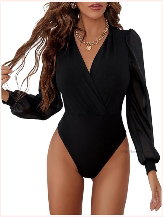 Other - Women's Sheer Mesh Lantern Long Sleeve Bodysuit Wrap V Neck Blouse